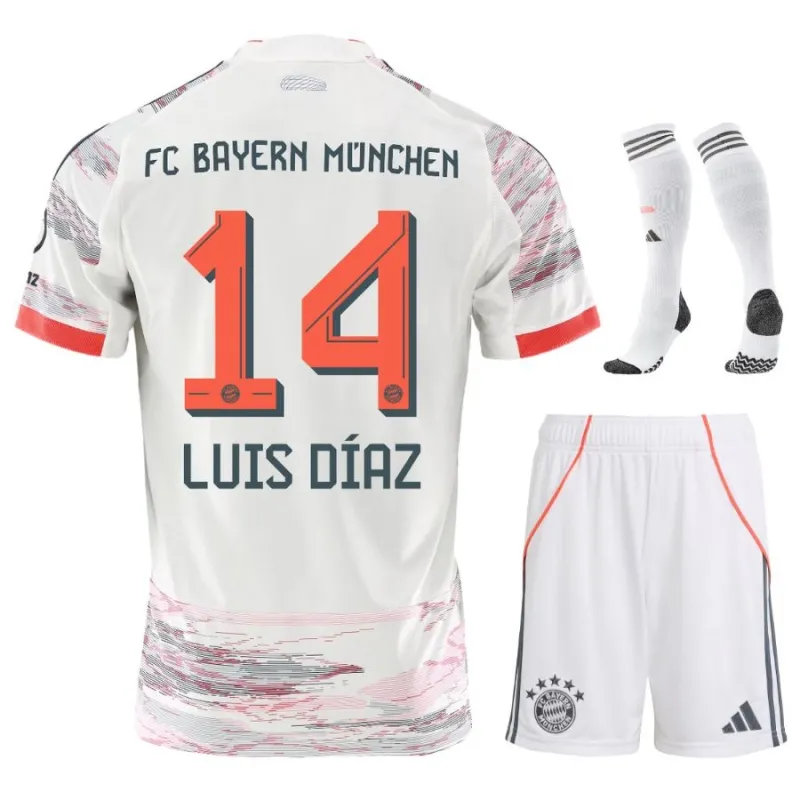 Bayern Monaco LUIS DIAZ Completo Bambino Maglia Away 2025/26 - Bianco