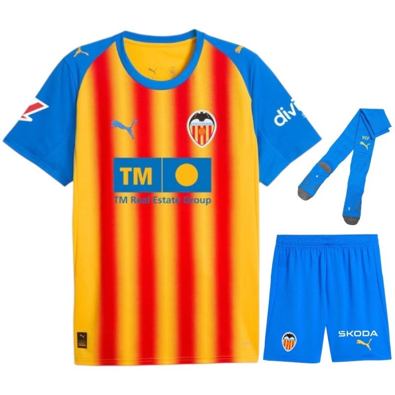 Valencia 2025/26 Terza Maglia Completo Bambino - Giallo/Blu/Rosso