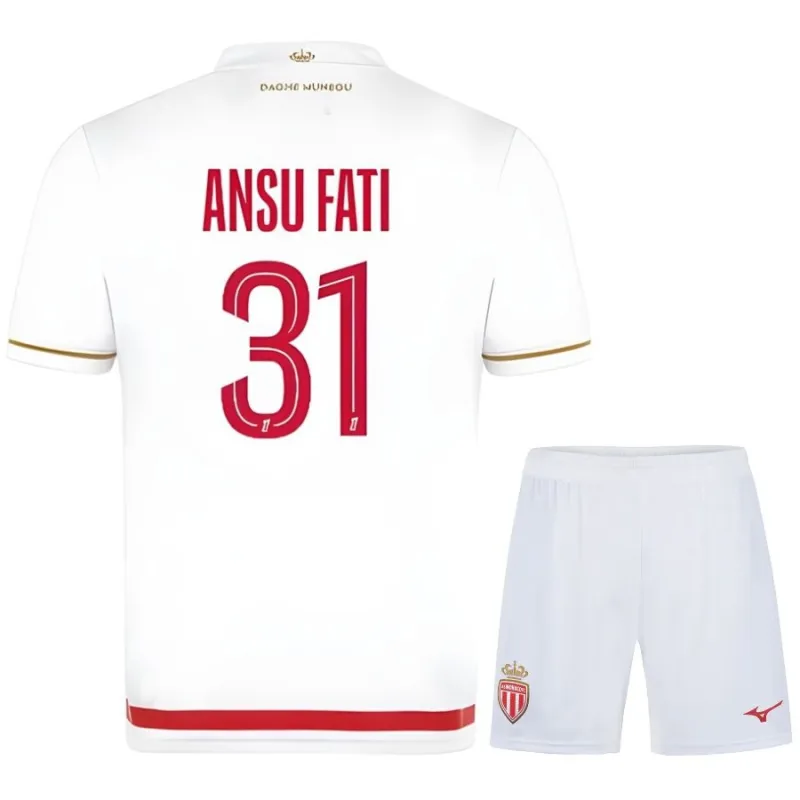 Maglia casa bambini + pantaloncini di Ansu Fati nell'AS Monaco 2025/26 - Bianco/Rosso