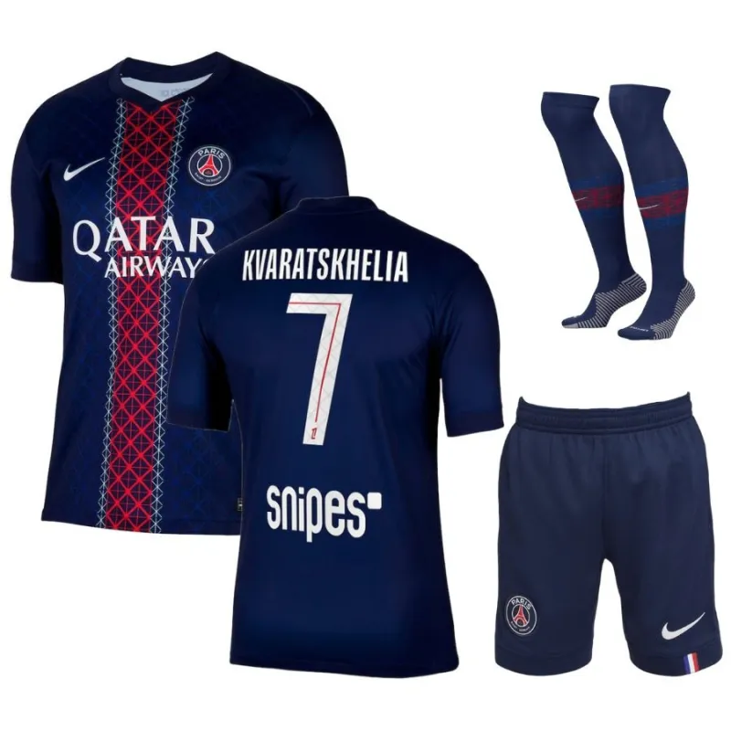 Paris Saint-Germain KVARATSKHELIA Bambini 2025/26 Kit di casa - Blu/Rosso