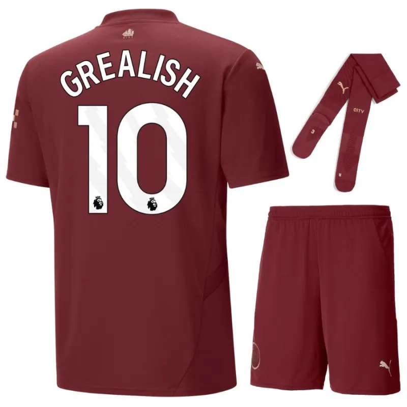 GREALISH Manchester City Kids' Third Jersey Set 2024/25 - Burgundy