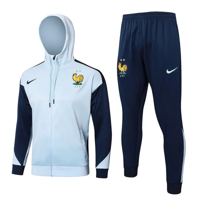 The French national team's 2024/25 hooded sportswear and pants - white/blue.