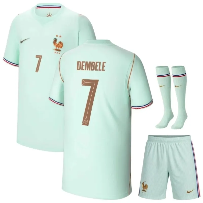 Frankreich DEMBELE WM 2026 Kinder Auswärtstrikot Set grün
