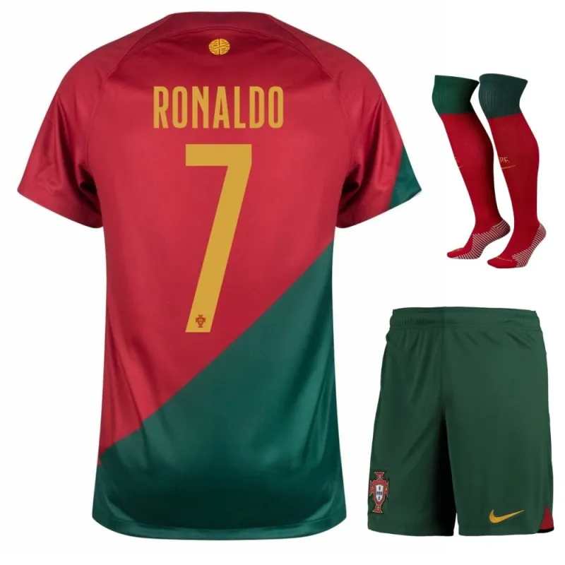 Ronaldo's Portugal 2022 World Cup Home Children's Jersey Set - Red and Green