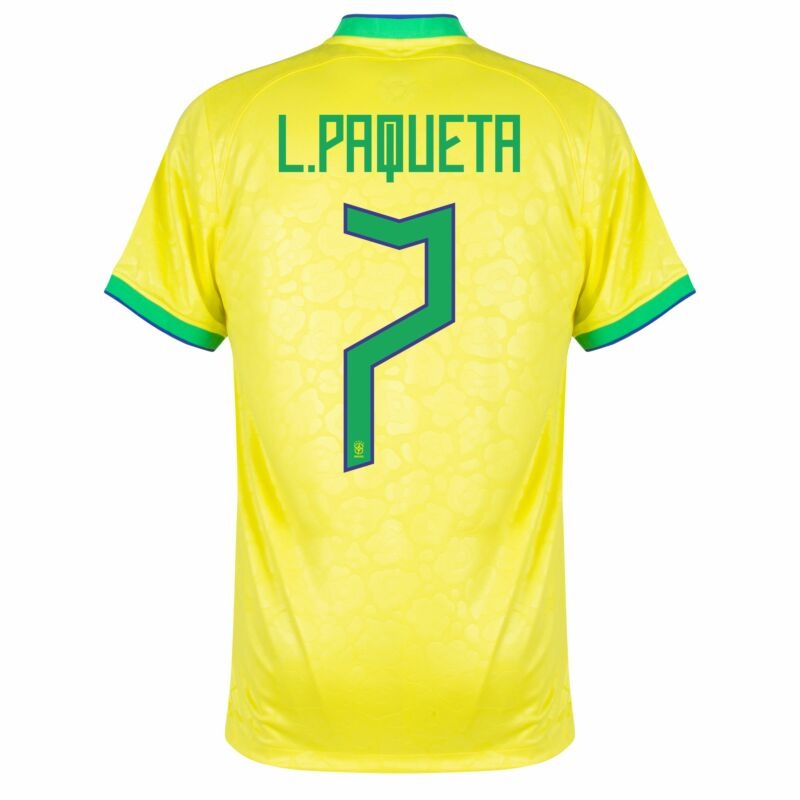 L. Paqueta, Camiseta del jugador del Brasil para la Copa Mundial 2022 (Camiseta local, Amarilla)
