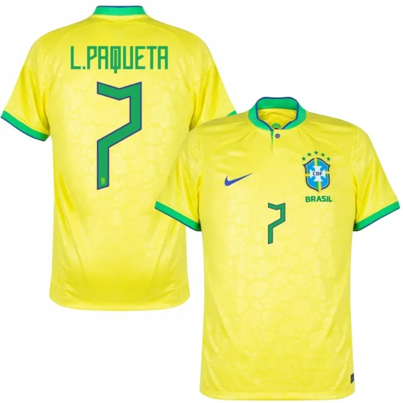 L. Paqueta, Camiseta del jugador del Brasil para la Copa Mundial 2022 (Camiseta local, Amarilla)