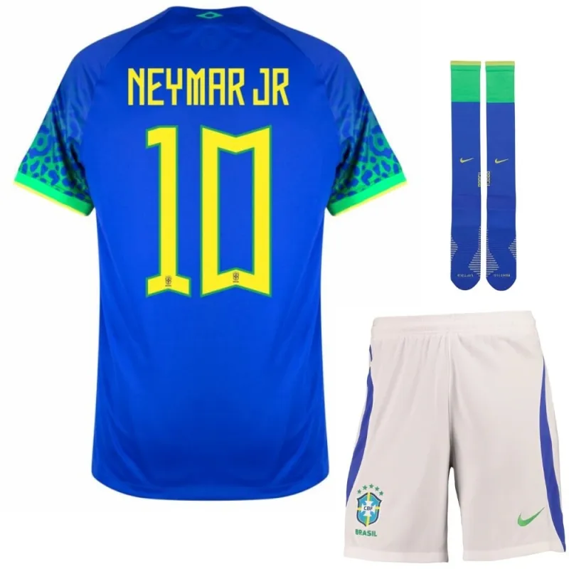 Neymar JR, Maglia dei tifosi bambini della squadra del Brasile per la Coppa del mondo 2022 (Maglia fuori casa, Blu)