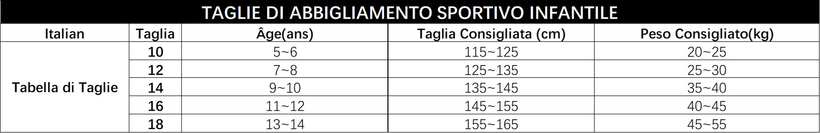 taglia maglia calcio bambino