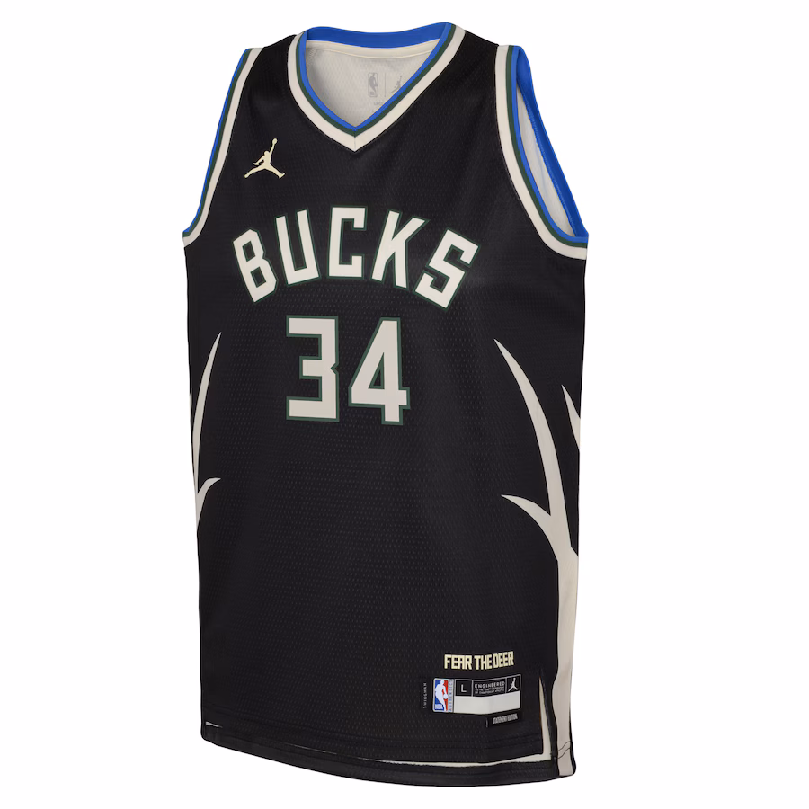 Giannis Antetokounmpo, Camiseta Swingman para jóvenes de la marca Jordan de los Milwaukee Bucks - Edición Declaración - Negro