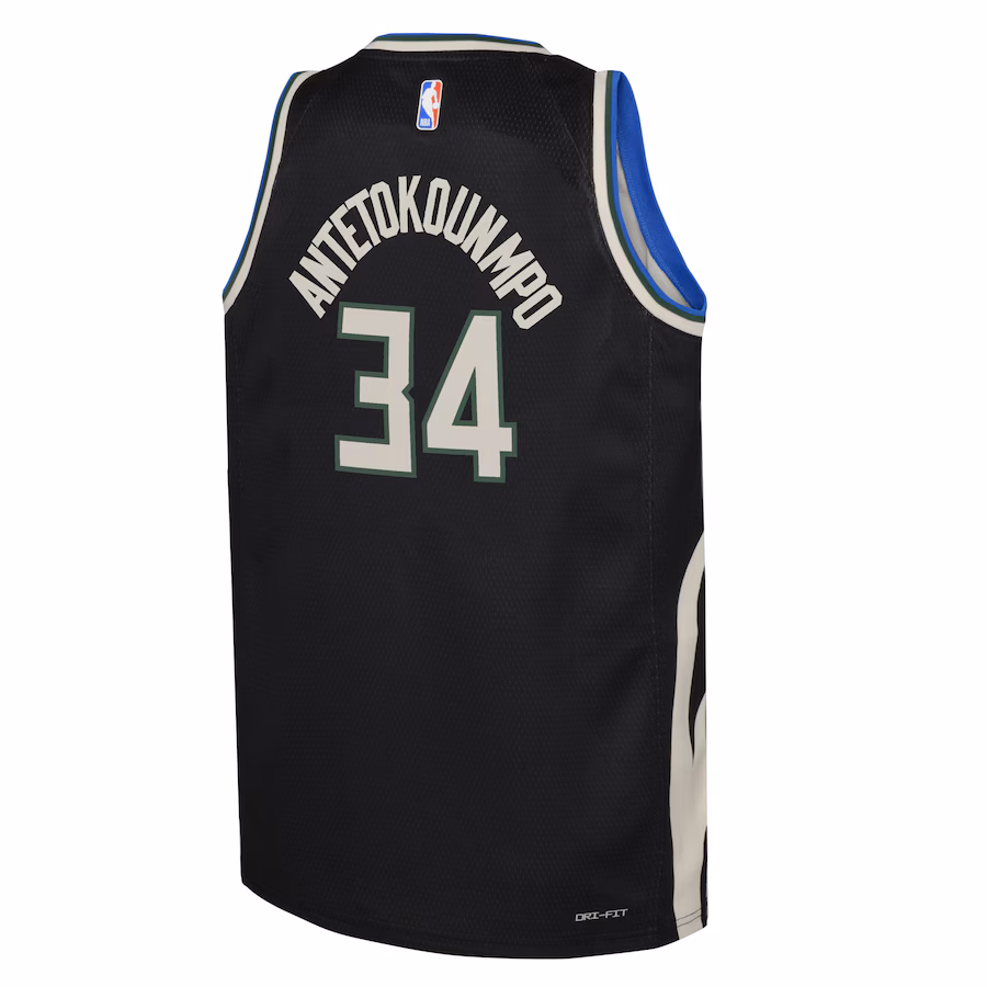 Giannis Antetokounmpo, Camiseta Swingman para jóvenes de la marca Jordan de los Milwaukee Bucks - Edición Declaración - Negro