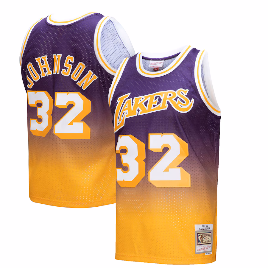 Magic Johnson, Los Angeles Lakers, 1984/85 Hardwood Classics Fadeaway Jersey, Gold/Purple