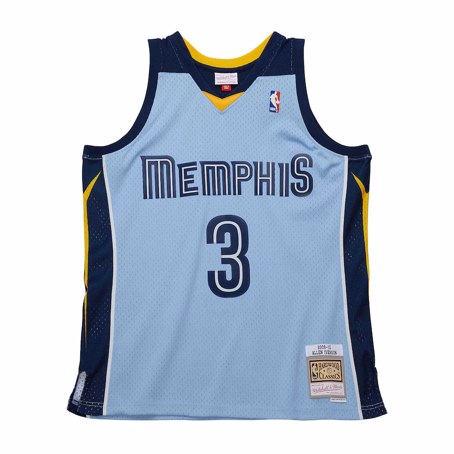 Maglia Allen Iverson dei Memphis Grizzlies 2009/10 edizione Hardwood Classics blu chiaro
